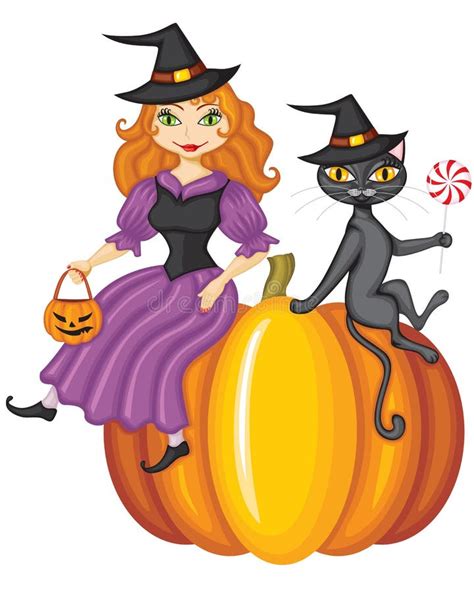 Bruja Y Un Gato Que Se Sienta En Una Calabaza Ilustraci N Del Vector