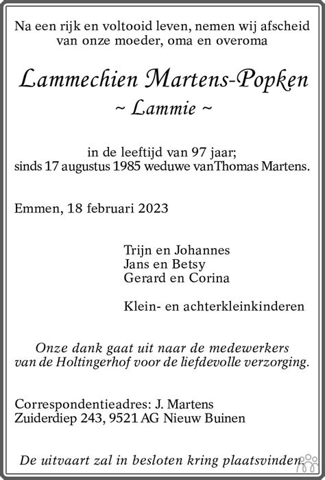 Lammechien Lammie Martens Popken 18 02 2023 Overlijdensbericht En