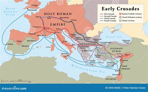 Early Crusades, History Map of the First Four Crusades To the Holy Land ...