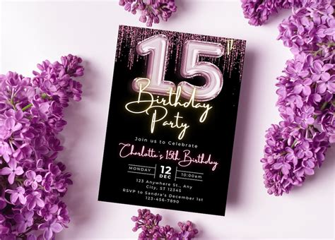 Editable 15th Birthday Invitation Template Printable Pink Balloon Fifteenth Birthday Party