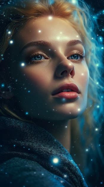 Premium AI Image | a woman with a blue eyes and a glowing face is ...