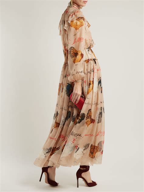 Hen And Calligraphy Printed Silk Gown Dolce And Gabbana