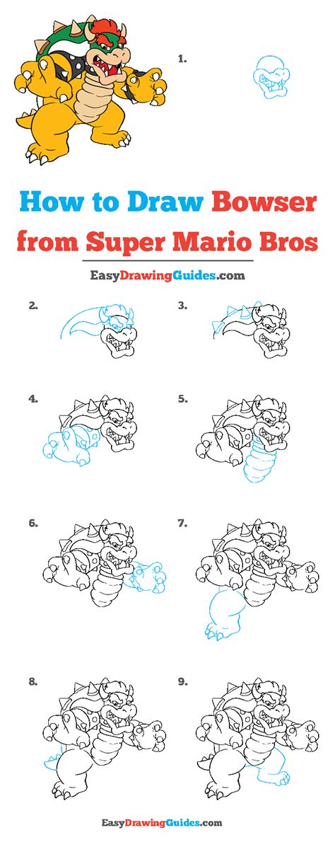 Step By Step How To Draw Bowser From Super Mario Drawingtutorials ...