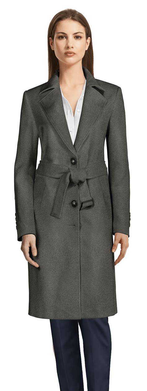 Long Grey Belted Wool Coat With Wide Lapels Sumissura