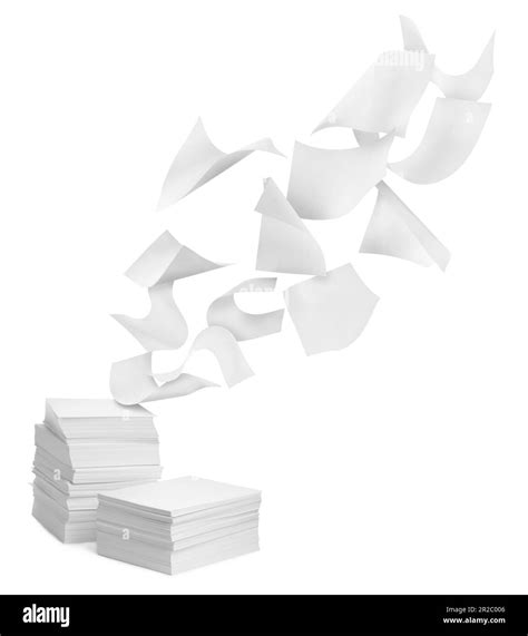 Sheets Of Paper Falling Onto Stacked Ones On White Background Stock