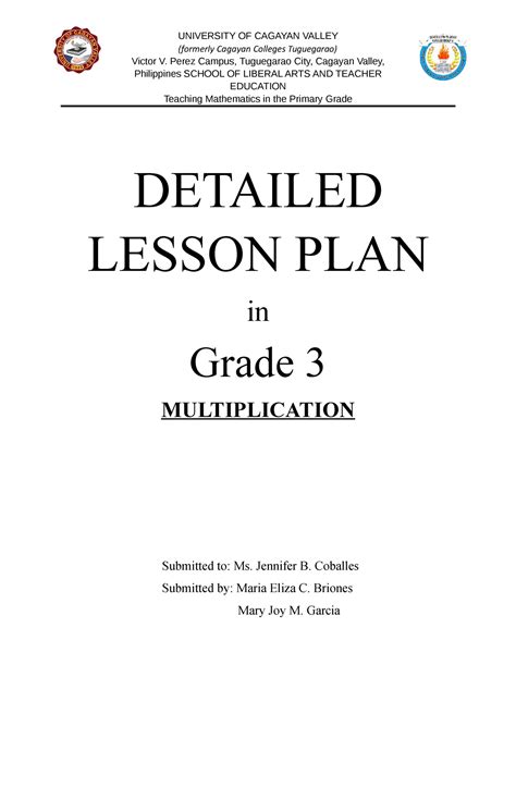 Final Dlp Math G3 Docx Detailed Lesson Plan In Grade 3 Multiplication Submitted To Ms