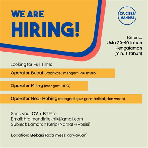 Lowongan Kerja Operator Bubut Operator Milling Operator Gear