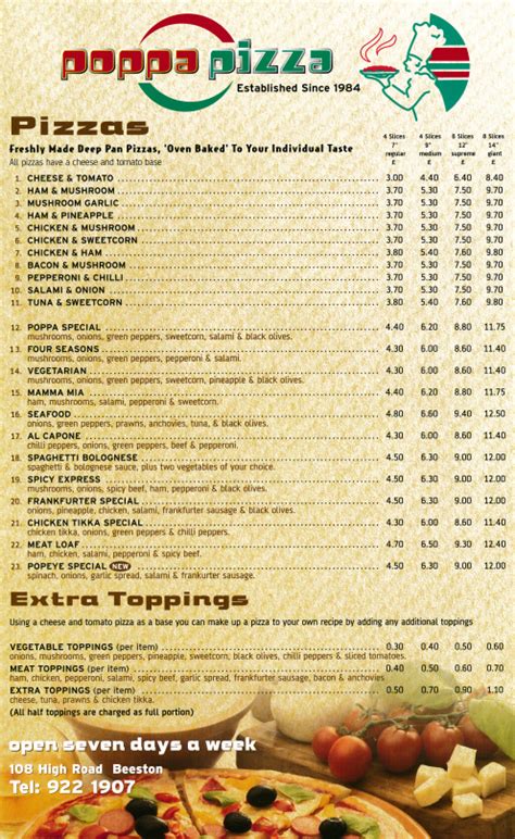 Menu Phone Number And Opening Hours For Poppa Pizza In Beeston