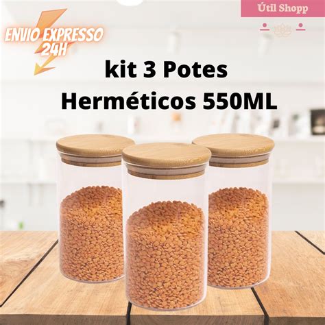 Kit Potes De Vidro Tampa De Bambu Unidades Ml Cozinha