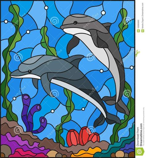 Stained Glass Illustration With A Pair Of Dolphins On The Background Of Water And The Sea