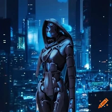 Cyberpunk Robot Overlooking A Cityscape