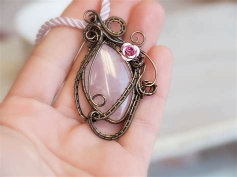 Rose Quartz Pendant Wire Wrapped Gemstone Necklace Romantic Etsy