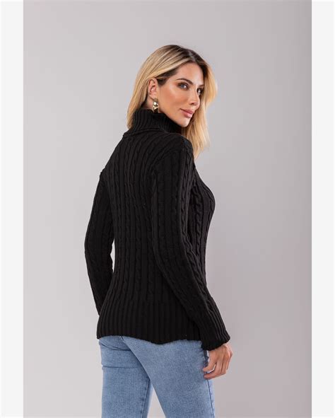 Riachuelo Blusa Tricot Gola Alta Rolê Manga Longa Texturizada Preto