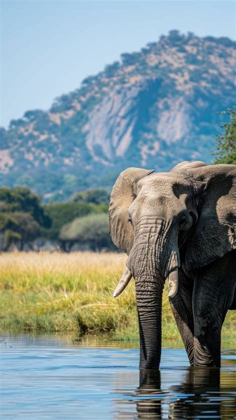 Elephant Standing in Water with Mountain Background Stock Image - Image ...