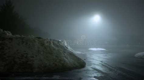 Heavy Fog In A Empty Parking Lot With A Big Pile Of Dirty Snow At Night