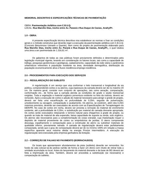 PDF MEMORIAL DESCRITIVO E ESPECIFICAÇÕES TÉCNICAS DE Quando