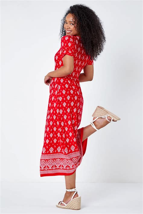 Red Petite Border Print Stretch Midi Dress Roman UK