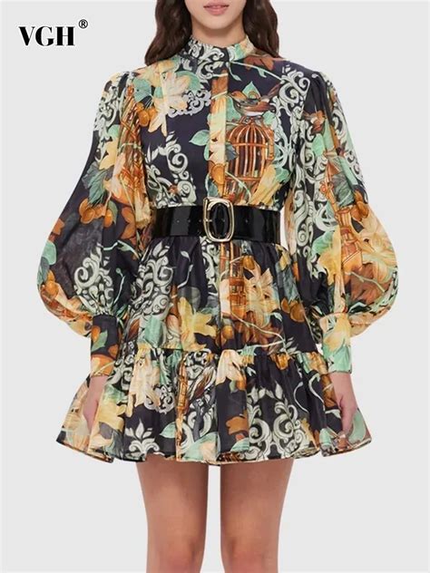 VGH Hit Color Printing Vintage Mini Dresses For Women Stand Collar