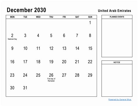 Printable December 2030 Monthly Calendar with Holidays for United Arab ...