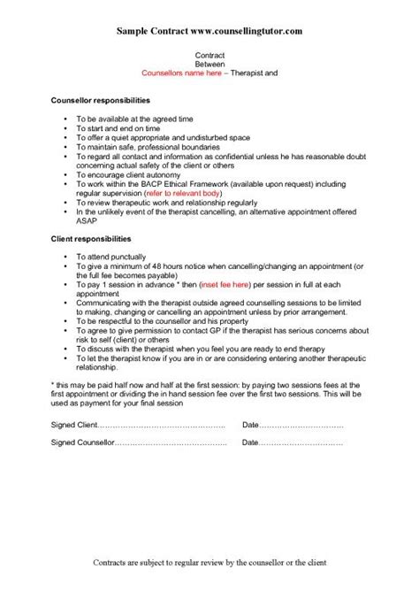 Counselling Contract Template Sample Client Details And Contract