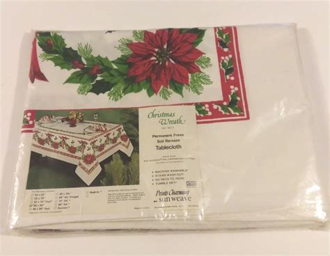 Nos Vintage Sunweave Linen Rn33135 Christmas Tablecloth 60×86 Poinsettia Holly Ebay