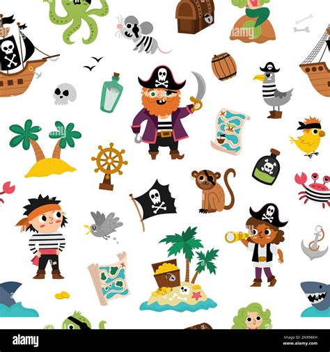 Vector Pirate Seamless Pattern Cute Sea Adventures Repeat Background