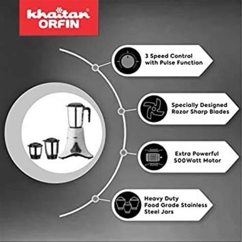 500 Watts Khaitan Orfin Punch Juicer Mixer Grinder 3 Jars Grey