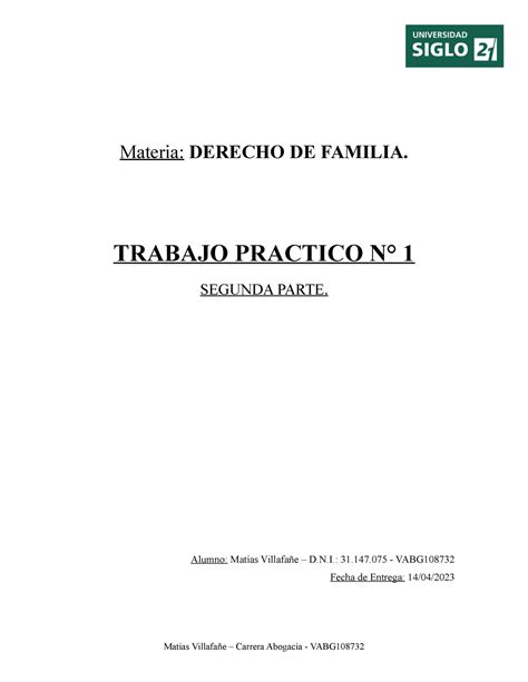 TP 1 Derecho DE Familia P2 Materia DERECHO DE FAMILIA TRABAJO