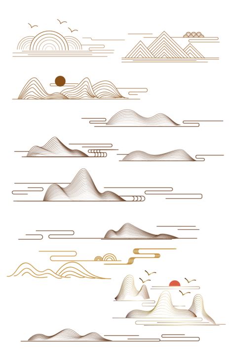 新中式线性山纹祥云纹元素素材