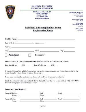 Fillable Online Deerfield Township Safety Town Registration Form Fax