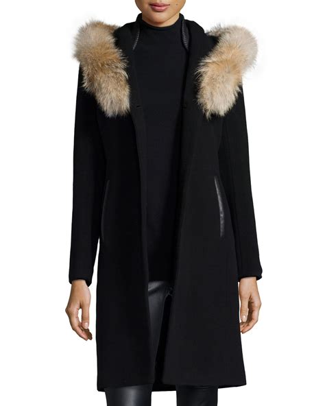 Lyst Mackage Fur Trim Hooded Wool Blend Coat W Leather Detail In Black