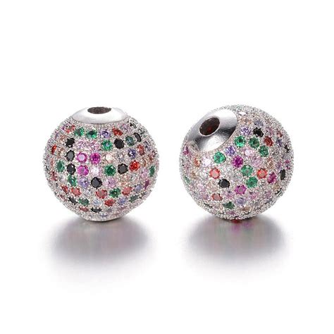 Cubic Zirconia Micro Pave Brass Round Bead Multi Color Crystal Platinum