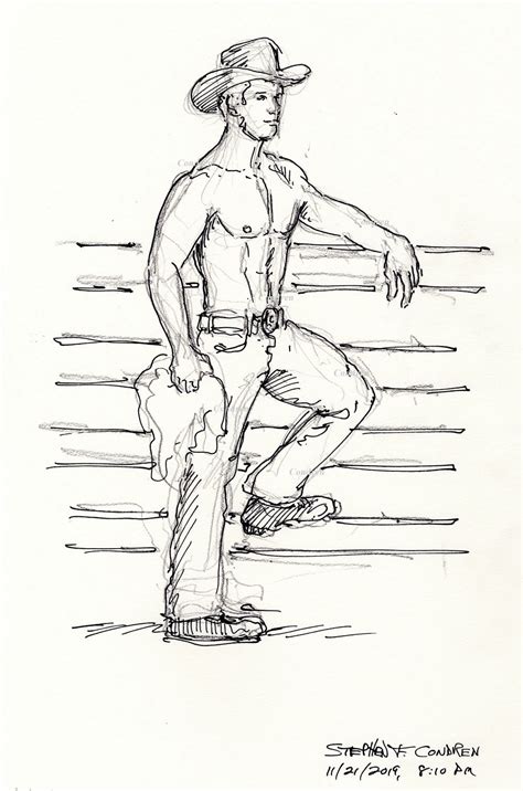 Pen Ink Figure Drawing Of A Shirtless Cowboy By Artist Stephen F