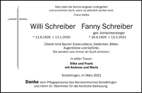 Traueranzeigen Von Willi Und Fanny Schreiber Schwaebische De Trauerportal