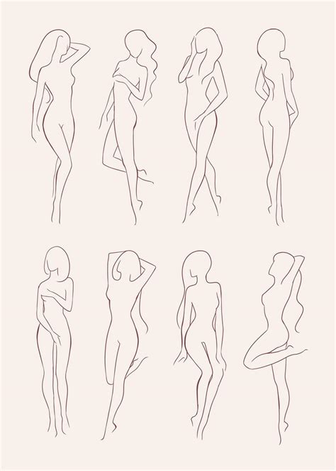 Set Of Various Nude Woman Silhouette Beautiful Long Haired Girl In Different Poses Hand Drawn