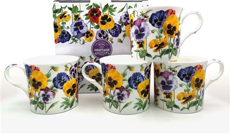 Fine Bone China Set Of Mugs Pansy Gift Boxed Mugs Free Uk Delivery