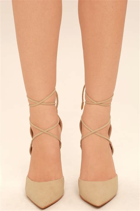 Chic Nude Heels Vegan Suede Heels Lace Up Heels