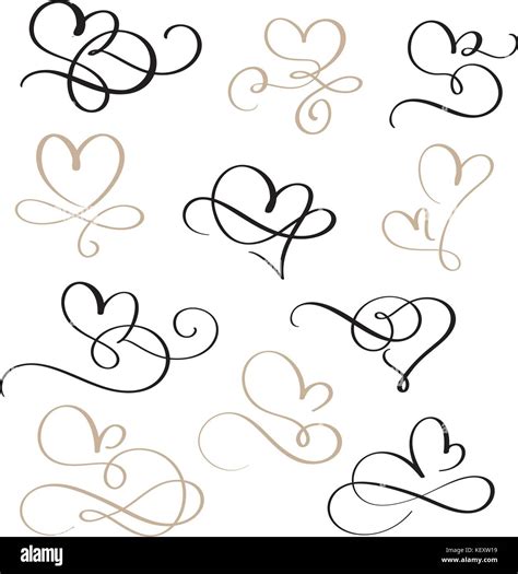 Set Of Flourish Calligraphy Vintage Hearts Illustration Vector Hand