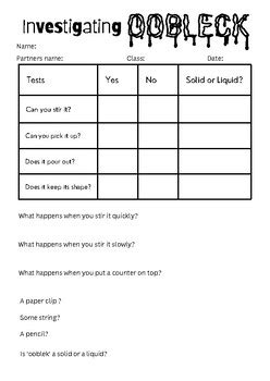 Oobleck Investigation Worksheet By Sarah Polmear TPT