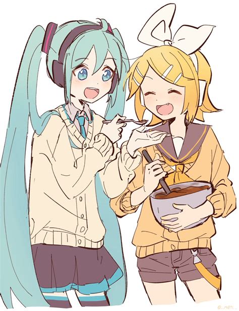 初音ミク 鏡音リン 「チョコの味見をするミクリンちゃん 」鏡もちのイラスト