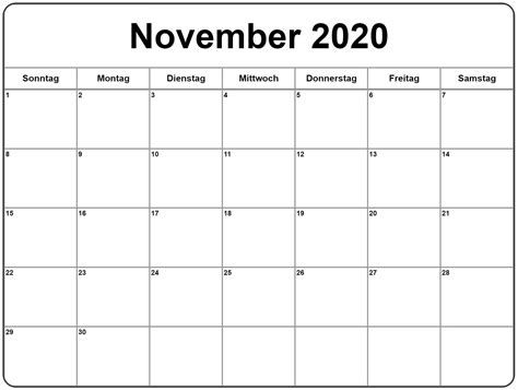 November 2020 Kalender Zum Ausdrucken Pdf Excel Word Druckbarer