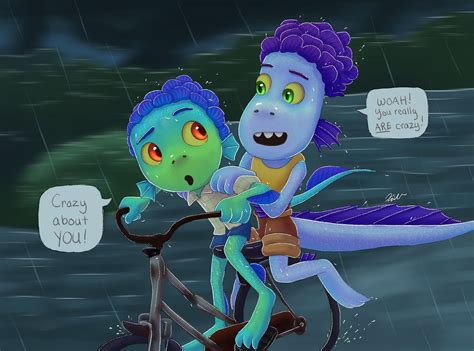 two cartoon characters riding on a bike in the rain, one with blue hair and another with green eyes