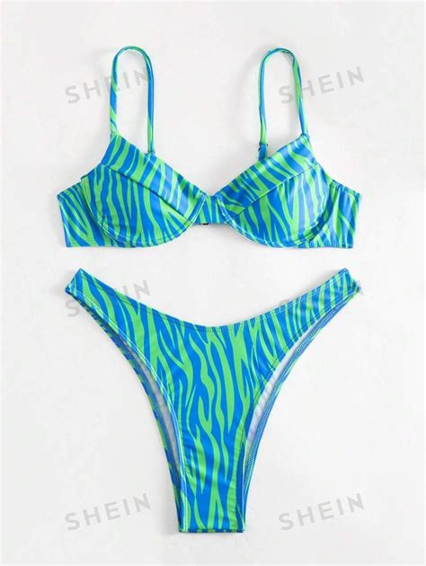 SHEIN Swim Conjunto de Maiô Bikini Alça Estampa Listrada de