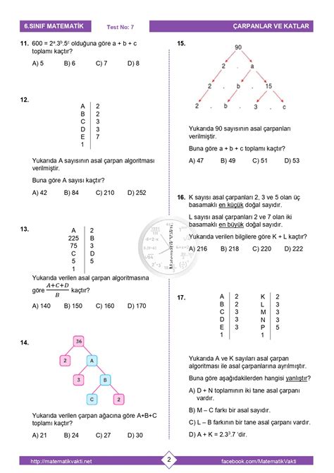 6 Sınıf Asal Sayılar Ve Asal Çarpanlar Testi PDF İndir Matematik Vakti