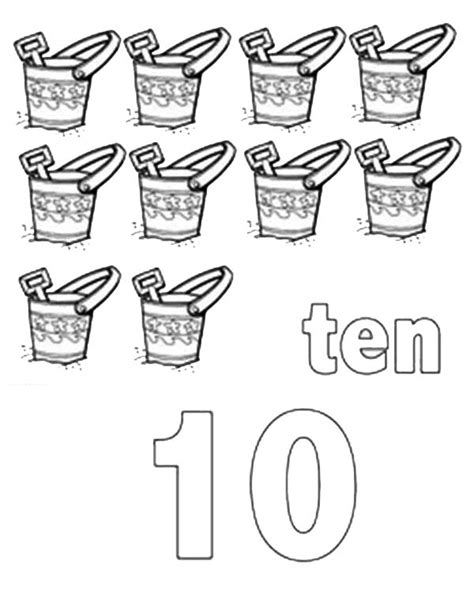 Learn Number 10 With Ten Buckets And Shovels Coloring Page Bulk Color