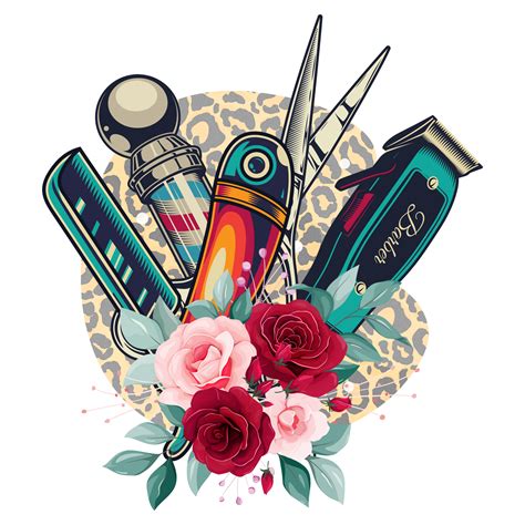 Barber vintage blooming roses PNG,barber poles scissors,hair clippers,straight razors,Barbershop ...