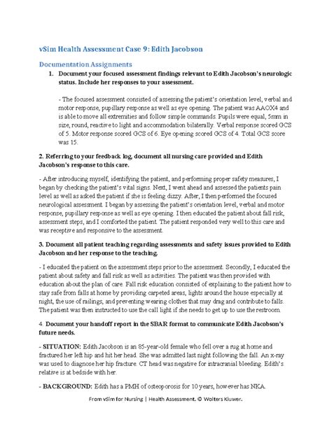 Edith VSIM 1 Vsims Assignment VSim Health Assessment Case 9 Edith