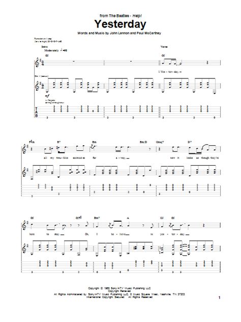 Yesterday Guitar Tab By The Beatles Guitar Tab 75006