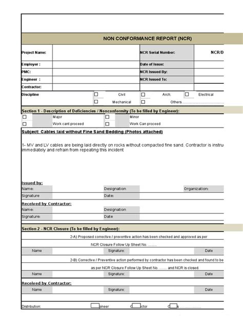 Ncr Non Conformance Report Electrical Format Template Engineering