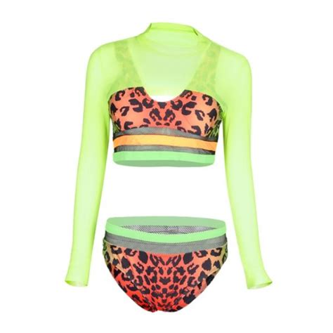 Women Sexy Pole Dance Clothing Fluorescence Leopard Bikini Sexy